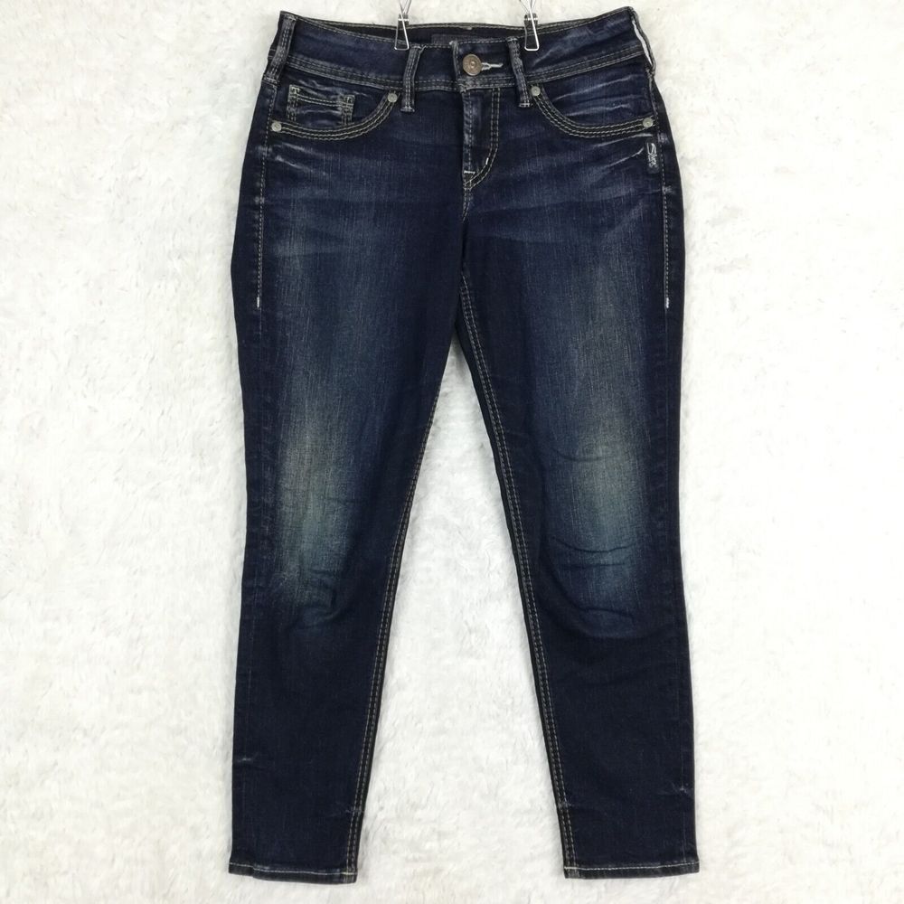 Silver Jeans Womens Suki Skinny Crop Denim Blue Stone Wash‎ Whiskering Mid 27